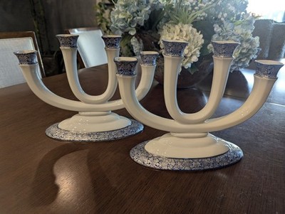 Rosenthal Germany 736 Porcelain Candelabra Pair Blue White 4 Arm Mid Century Vtg