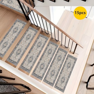 15pcs of Vintage Patterned Stair Carpets with Rubber Non-Slip Backing, Designe