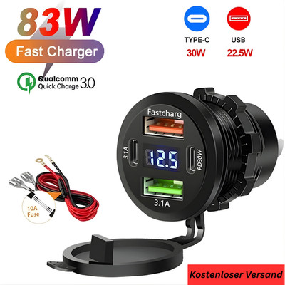 12V QC 3.0 PD USB Auto KFZ Steckdose Dual USB C Ladegerät Buchse Dose KFZ Einbau