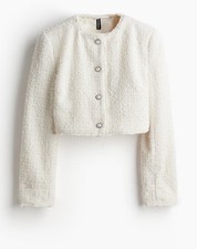 H M Women Sz XS Cropped Tweed Boucle-Weave Jacket Short Blazer White Cream