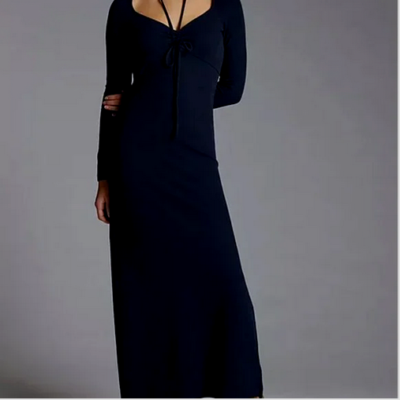 anthropologie black knit dress Tie-Front Midi Sweater Side Slit Size S NWT 148$ Trouser Waist:40 High Low Black Short Length_Midi
