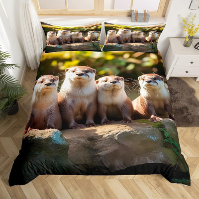 Kids Sea Otter Bedding Set 3D Wild Animal Duvet Cover for Girls Boys Bedroom Ott