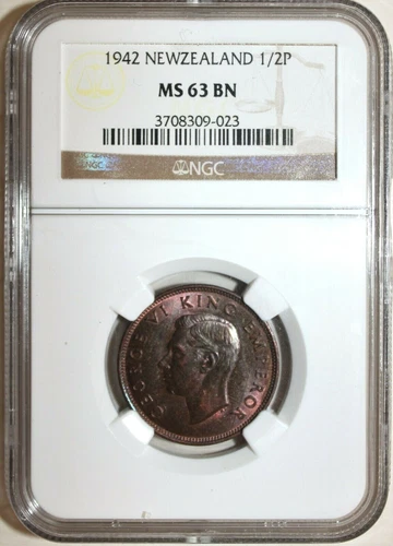 New Zealand 1942 1/2 Penny NGC MS 63 BN ,Super color tone !!