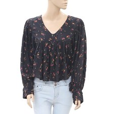 Free People Floral Print Blouse Top Black Dolman Long Sleeve High Low S 200903