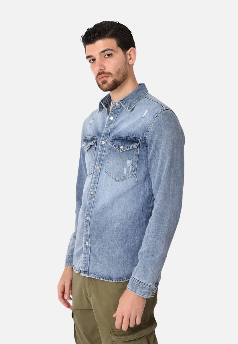 Camicia di Jeans Uomo 100% Cotone Leggera Camicie in Denim Blu