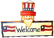 4th of July Hanging Sign Wooden With Uncle Sam Patriotic USA 14 1/2" x 9 1/2"