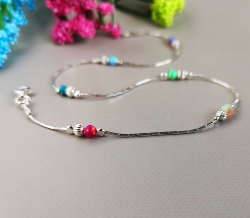 Pulsera de tobillo de plata esterlina 925 multicolor ópalo de tobillo piedra de nacimiento - Imagen 5 de 7