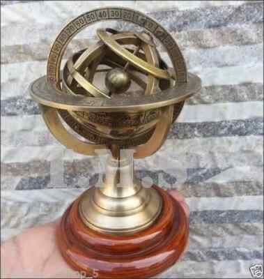 Vintage Brass Armillary Sphere Astrolabe On Wooden Base Maritime Nautical GIFT