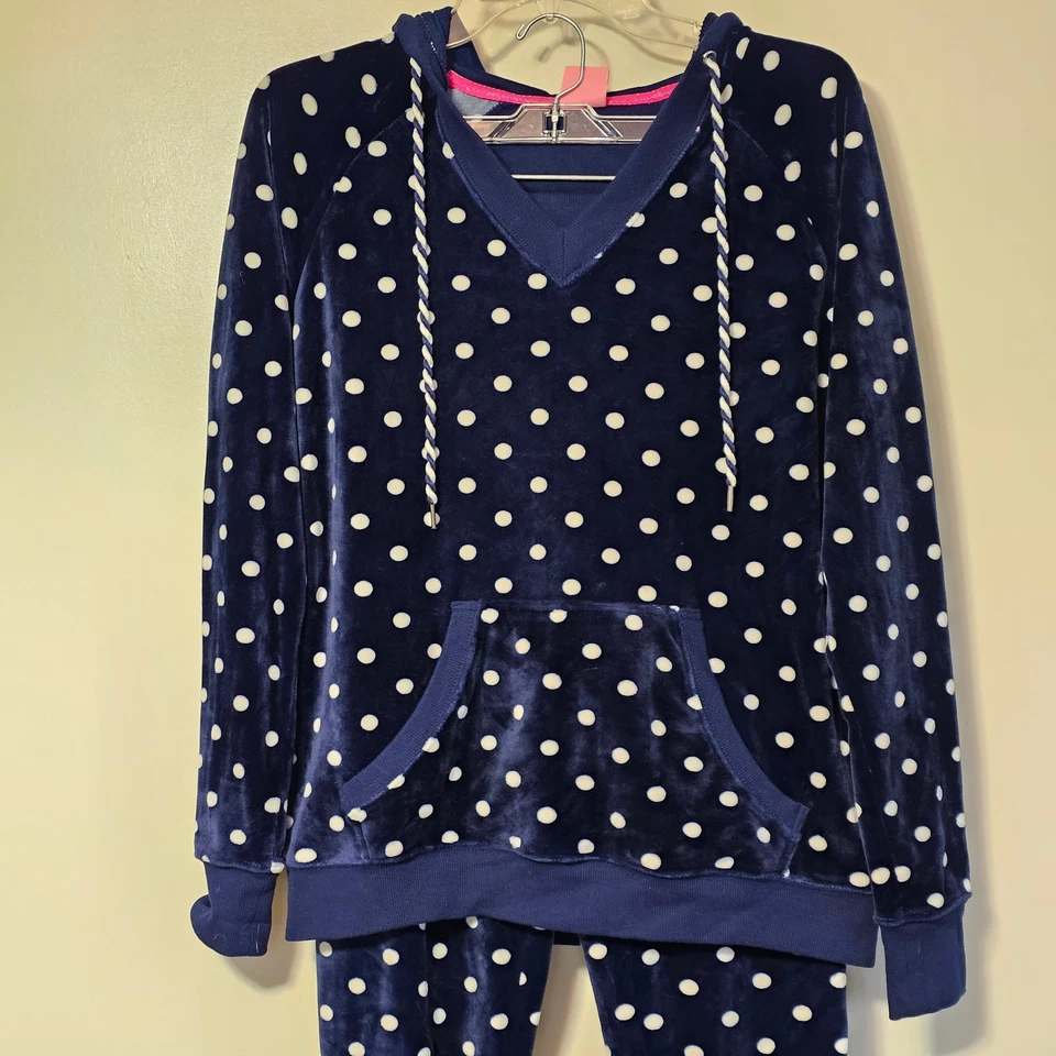 Conjunto de pijama Jenni by Jennifer Moore de terciopelo con capucha a lunares - azul/blanco, talla M Foto 2 de 4