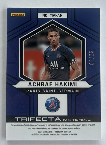 2021-2022 Panini Obsidian Soccer Trifecta Material Achraf Hakimi Patch /25 PSG - Picture 2 of 2