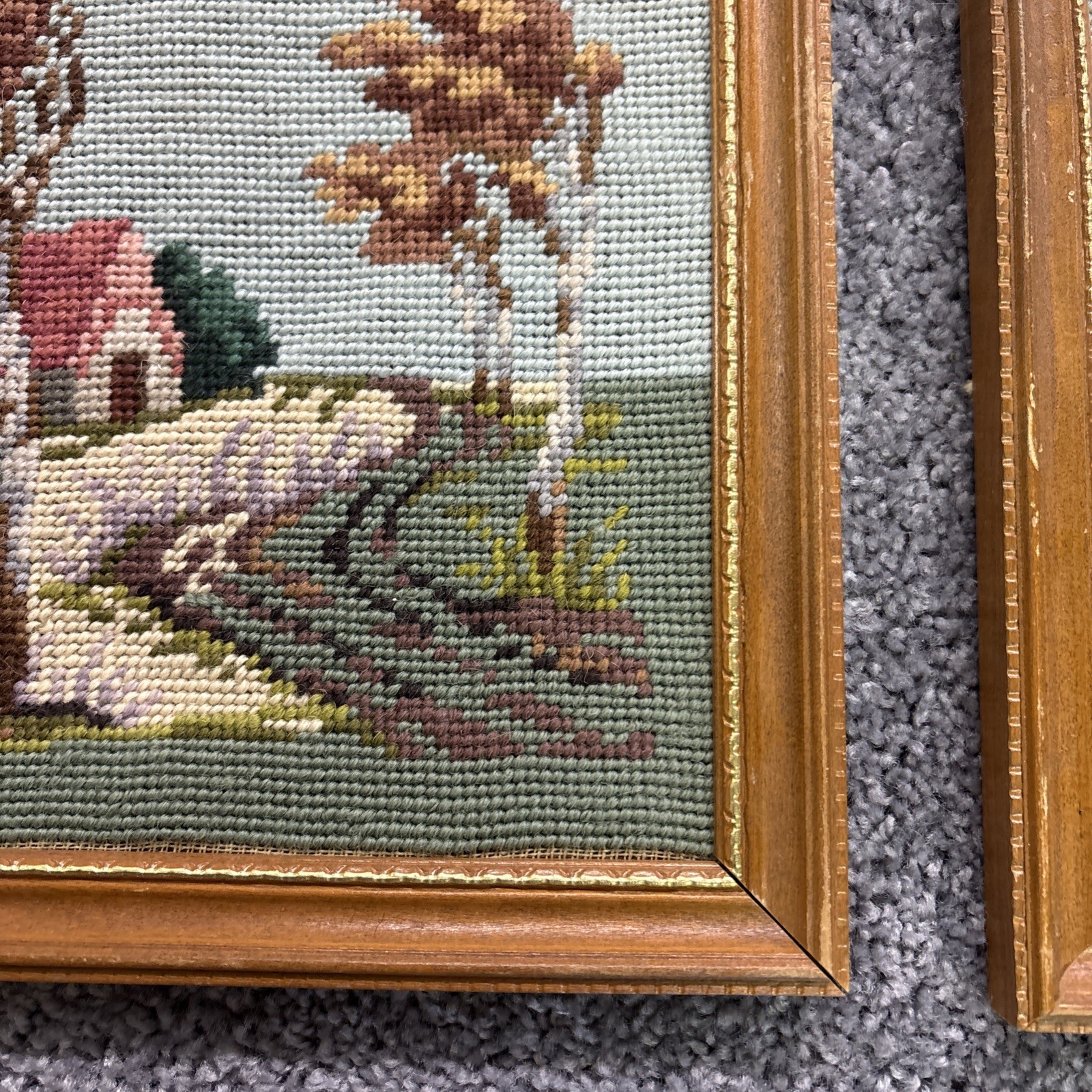 Four Season Needlepoint 11” Framed Pictures Winter Spring Summer Fall Signed