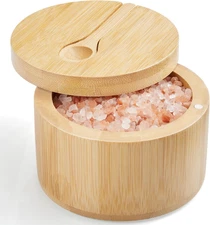 Salt Box Bowl with Lid and Spoon - Bamboo Salt Cellar with 360° Swivel Lid - Sal
