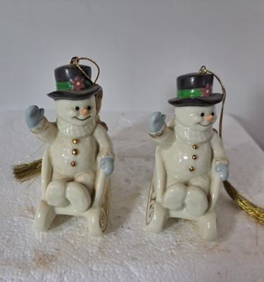 2 Lenox Sleigh Full of Smiles, Annual Snowman Christmas Ornament, 1999