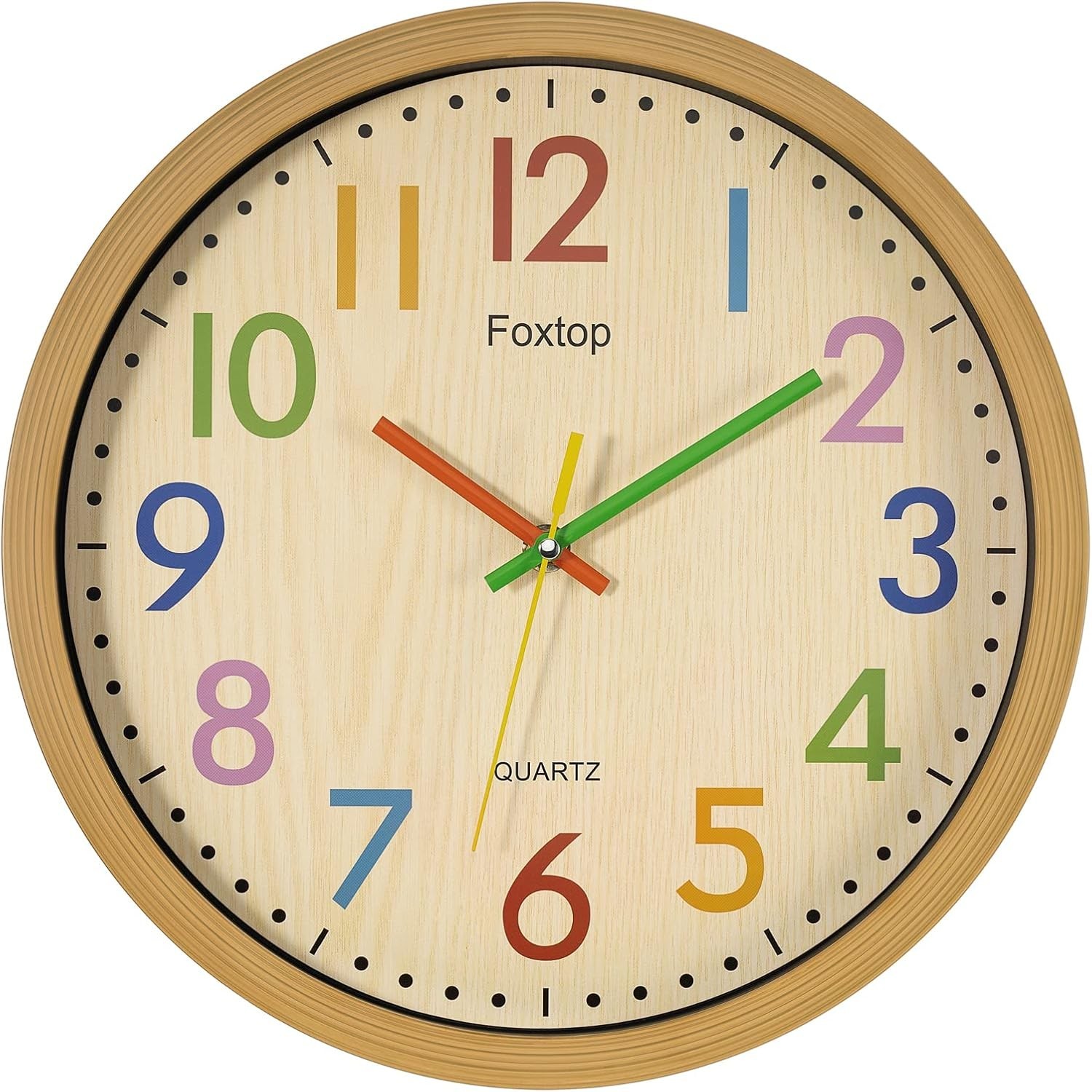 Foxtop Silent Kids Wall Clock Non-Ticking Battery Operated Colorful Childrens