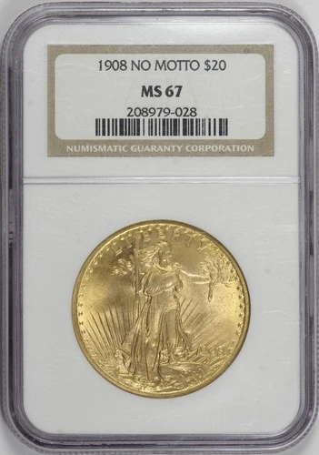1908 No Motto $20 Saint Gaudens Double Eagle NGC MS67 - #852 Live 3/27