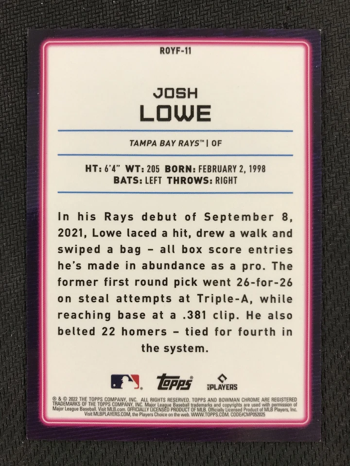 2022 Bowman #ROYF-11 Josh Lowe Mojo Blue Refractor /150 Tampa Bay Rays - Image 2 of 2