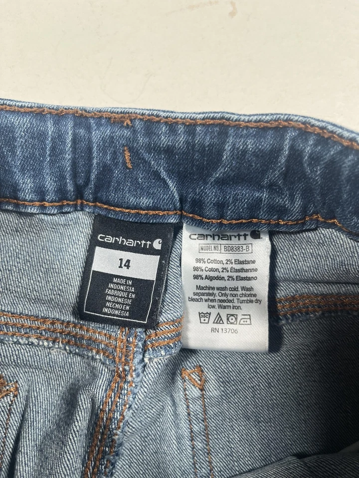 Pantalones de mezclilla Carhartt Carpenter talla 14 azules utilitarios Hammer Loop elásticos trabajo Foto 3 de 4