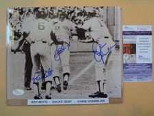 ROY WHITE, BUCKY DENT, CHRIS CHAMBLISS NEW YORK YANKEES AUTOGRAPH PHOTO 8X10 JSA