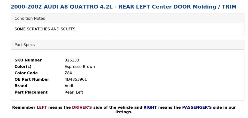 2000-2002 AUDI A8 QUATTRO 4.2L - PORTA TRASEIRA ESQUERDA central moldura / acabamento - Imagem 4 de 4
