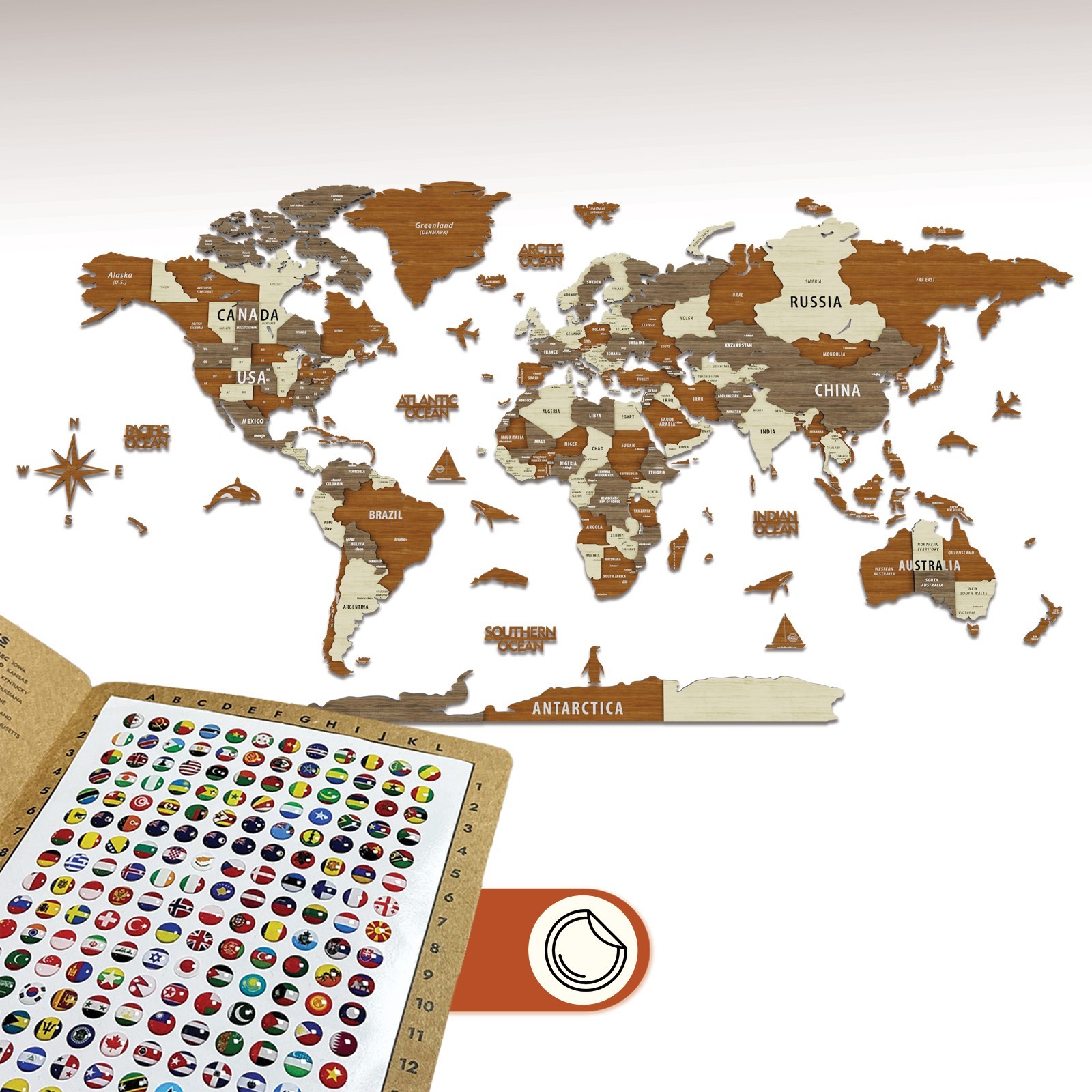 Mappa del Mondo in Legno 3D, Mappa di Viaggio Multilivello con Stati e Capitali, Mappa da Parete