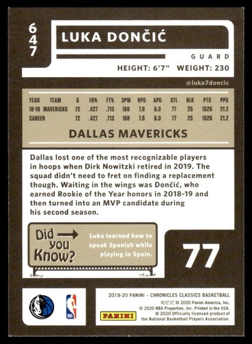 2019 Panini Chronicles #647 Luka Doncic Classics - Bild 2 von 2