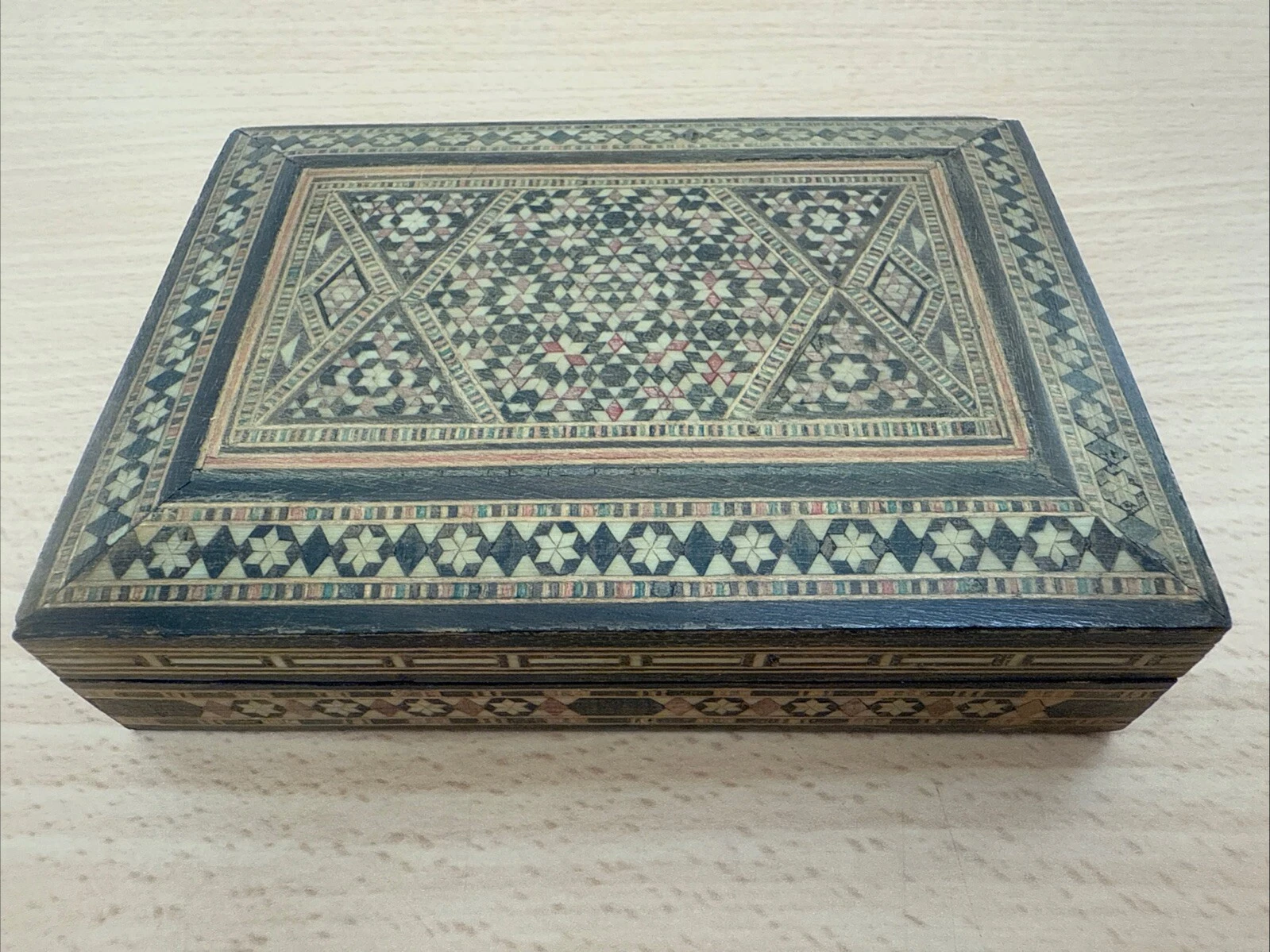 Ancienne Boîte Orientale Coffret Bijoux Bois Judaïque Marqueterie Étoile Juive