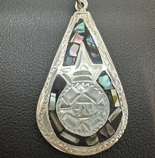VTG Abalone Inlay Pendant 1 3/8" Teardrop Shape Southwest 925 Sterling Silver