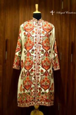 White Kashmiri Overcoat With Boteh Embroidery