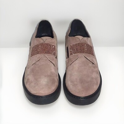 MANAS Women s Suede Studded Embellished Slip On Beige Loafers Flats NEW