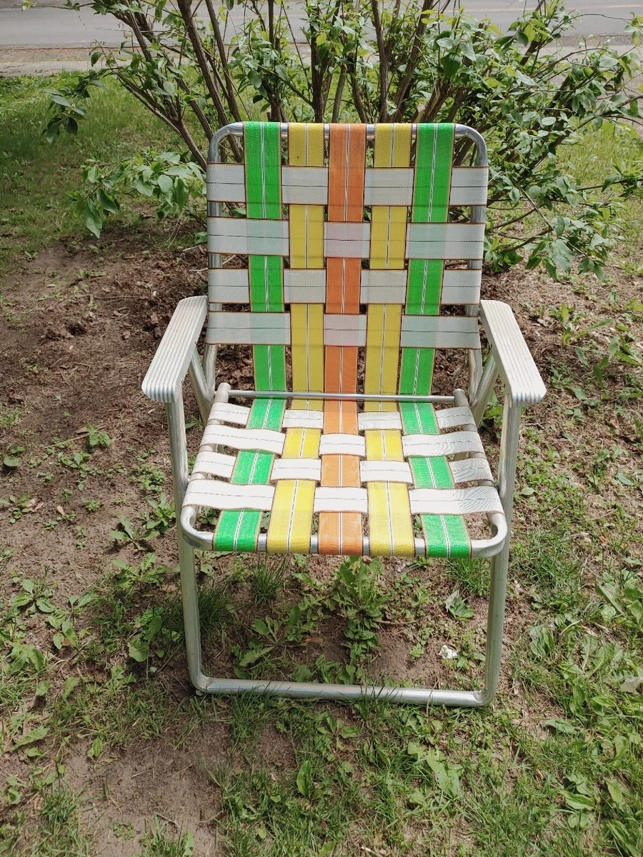 Vintage Adult Aluminum Folding Multi Webbed Multicolored Lawn Or