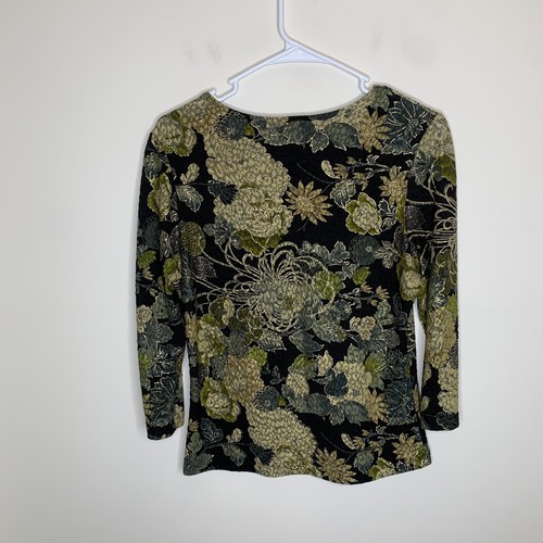 Brittany Black Women's M Black/Green Leaves Leaf Plants Flower 3/4 Sleeve Blouse - Picture 3 of 6