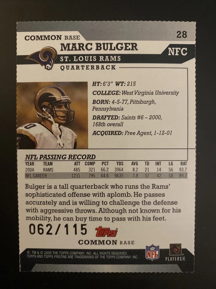 2005 Topps Pristine Die-Cut #28 Marc Bulger #62/115 - Image 2 of 2