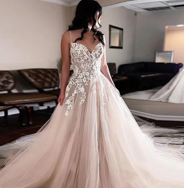 Classic A-line Wedding Dress V-Neck Spaghetti Strapas