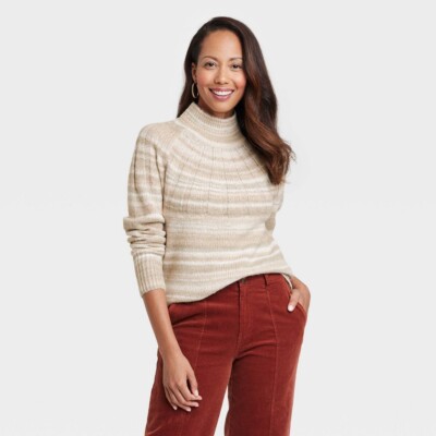 Knox Rose Sweater Womens Large Wool Blend Mock Neck Long Sleeve Striped