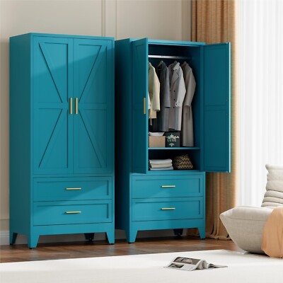 71''Metal Wardrobe Cabinet with 2 Drawers and Hanging Rod,  Closet for Bedroom