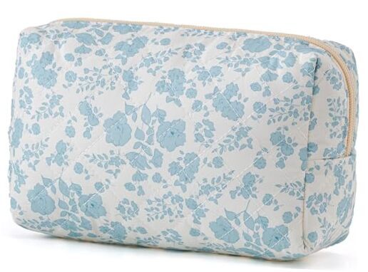 Quilted Cotton Travel Makeup Bag with Floral Blue Flower Design