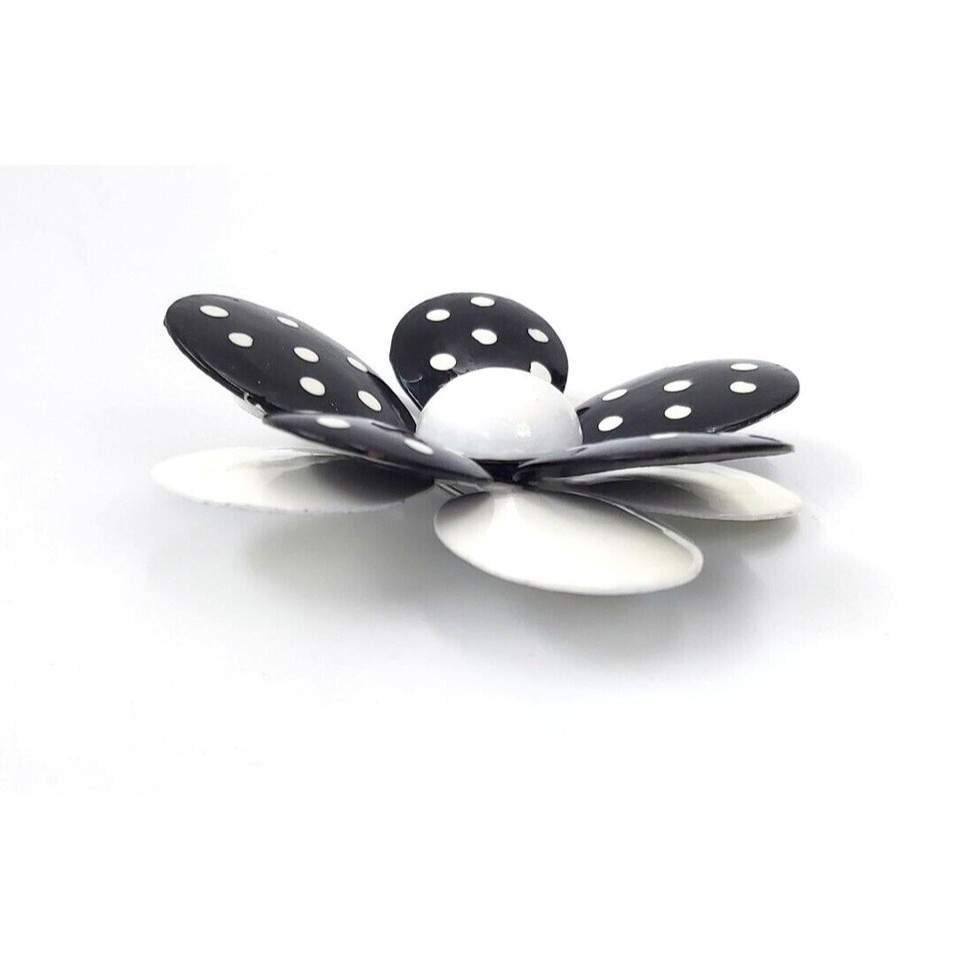 Pansy Flower Brooch Black and White Petals Metal Flower Pin 1960s