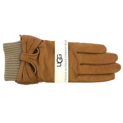 T ✨ UGG Women's/LETHER KNIT BOW GLOVE # 15055/Chestnut/available: MED