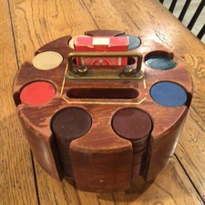 Vtg 206 ct. 4 Color Bakelite Cream/Red/Blue Poker Chips w/Wooden Revolving Rack