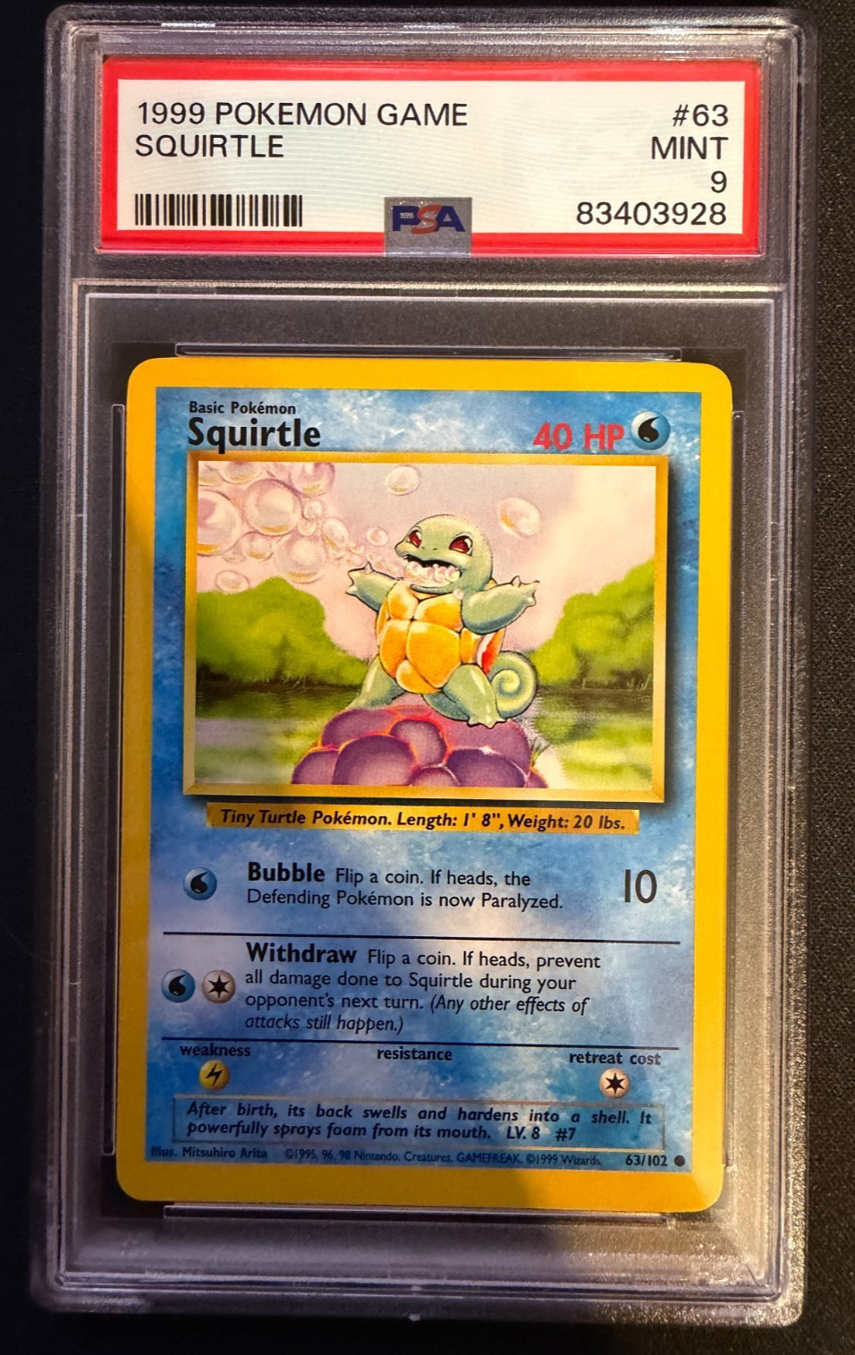 PSA 9 Squirtle 1999 Pokemon Base Set 63/102 Regular