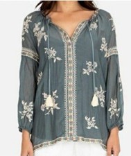 Johnny Was Workshop Sophia Top Embroidered Peasant Blouse Silk Blend Sz Medium
