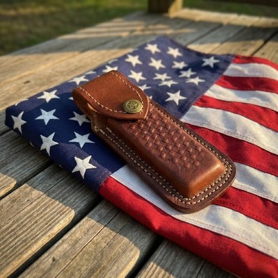 Handmade Leather Sheath for 5'' Folding Pocket Knife Trapper Brown Belt Loop