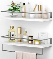 White Floating Shelves with Dark Grey Towel Rack - Set of 2 Wall Mounted Hanging