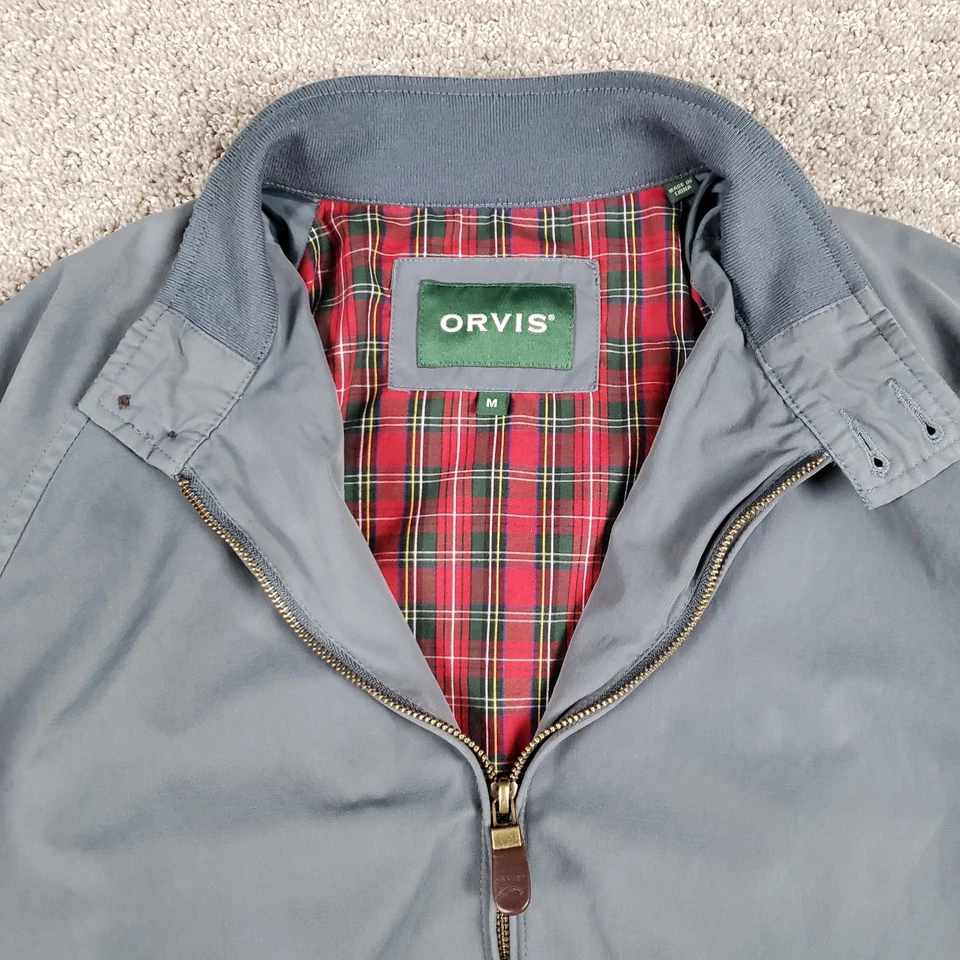 Orvis Jacket Mens Medium Gray Bomber Harrington Tartan Plaid Lined Full Zip - Image 2 of 4
