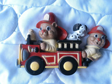 Burwood Products Firetruck With Bears and Dog Children Wall Hanging Vintage