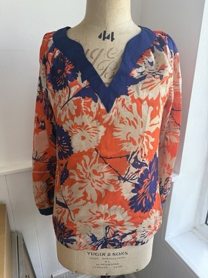 Clements Ribeiro Vibrant Blue And Orange Floral Blouse Top Size M