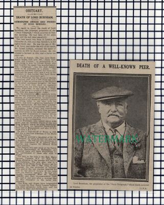(7634) Lord Burnham Obituary Daily Telegraph Owner - 1916 2-Part Cutting