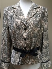 Kay Unger Cream Velour with Black Floral Ribbon Tie Belt Jacket Blazer Sz 10