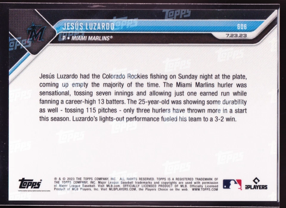 Jesus Luzardo Miami Marlins Strikes Out 13 Rockies 2023 Topps Now #606 ORANGE /5 - Image 2 of 2