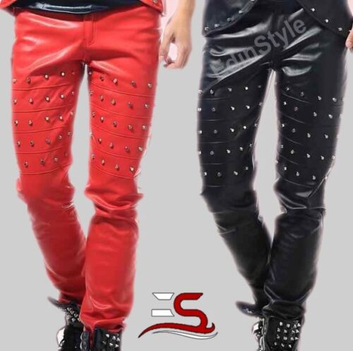 New men's Red, Black, White genuine leather singer rivets style pants - Picture 1 of 5